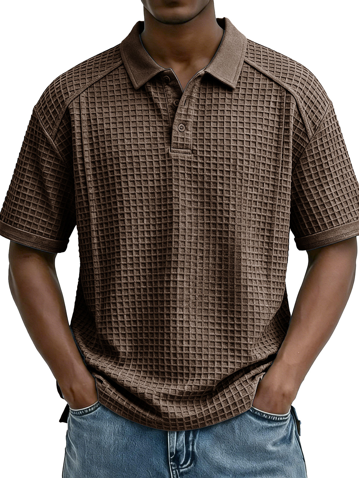 Men's Fashion Retro Waffle Fabric Collared Short-Sleeve Polo Shirt