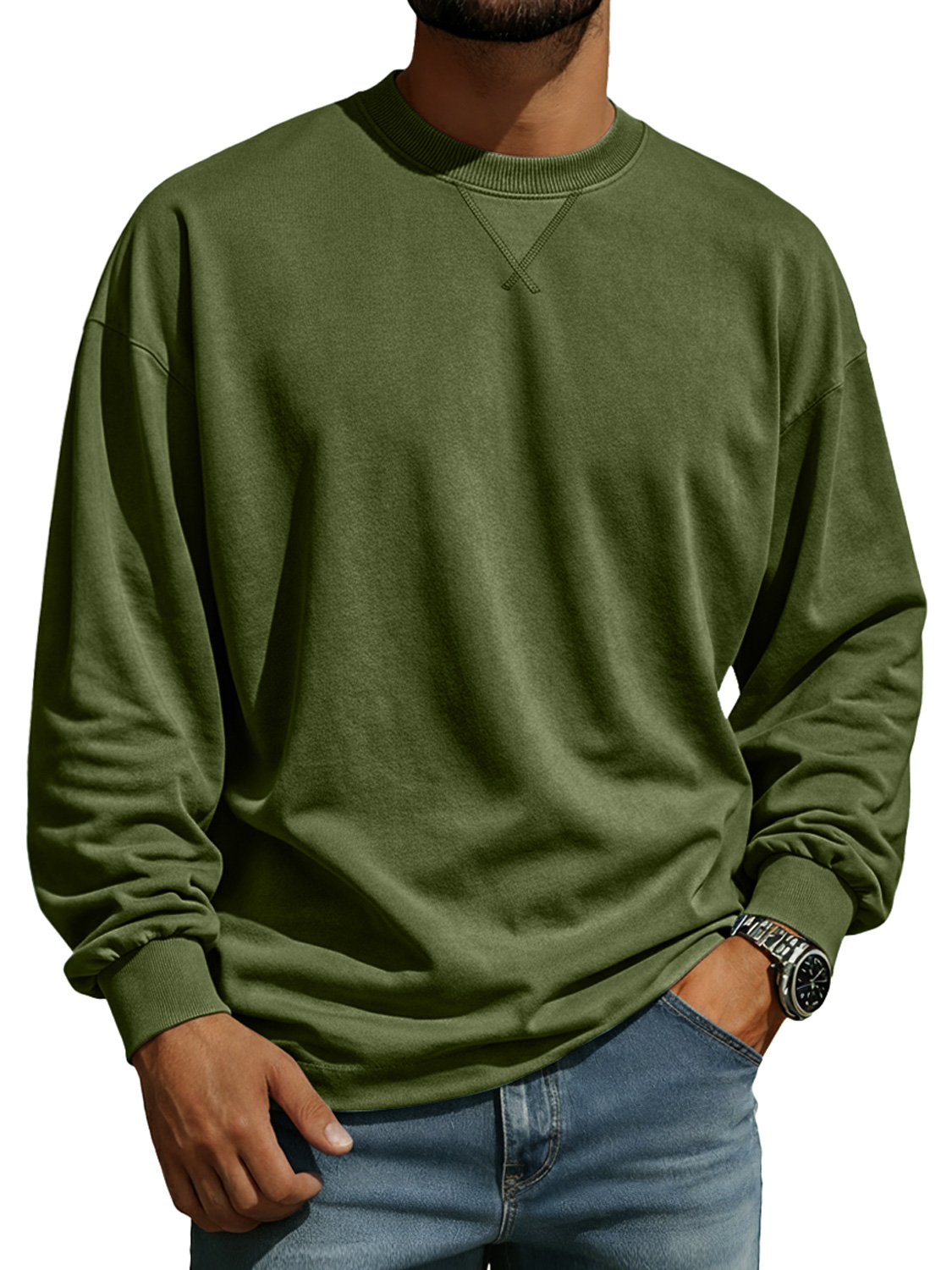 Men's Comfortable Crew Neck Long-sleeved T-shirt With A Crossover Design
