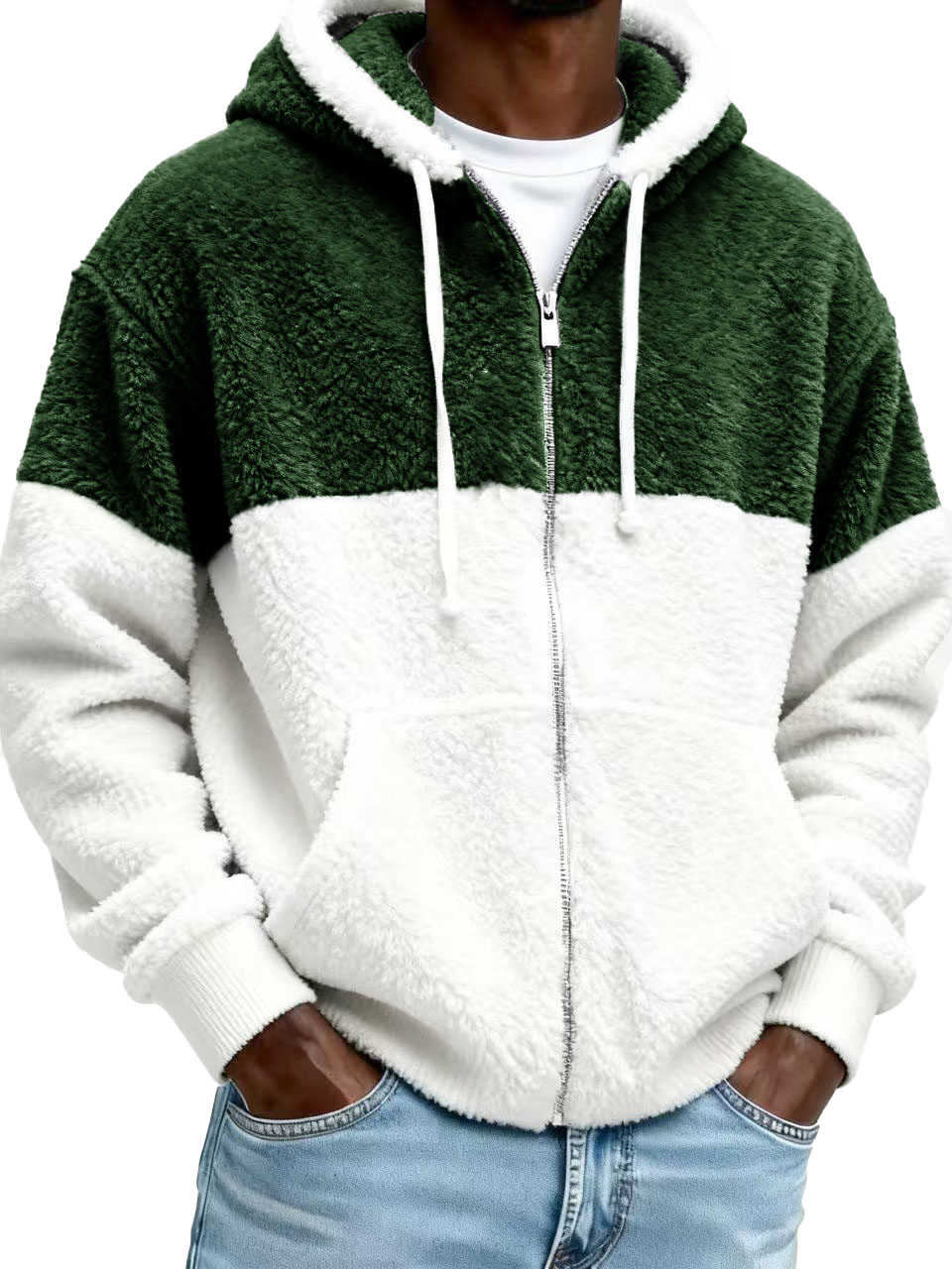 Men's Stylish Casual Patchwork Plush Warm Long-sleeved Hooded Jacket