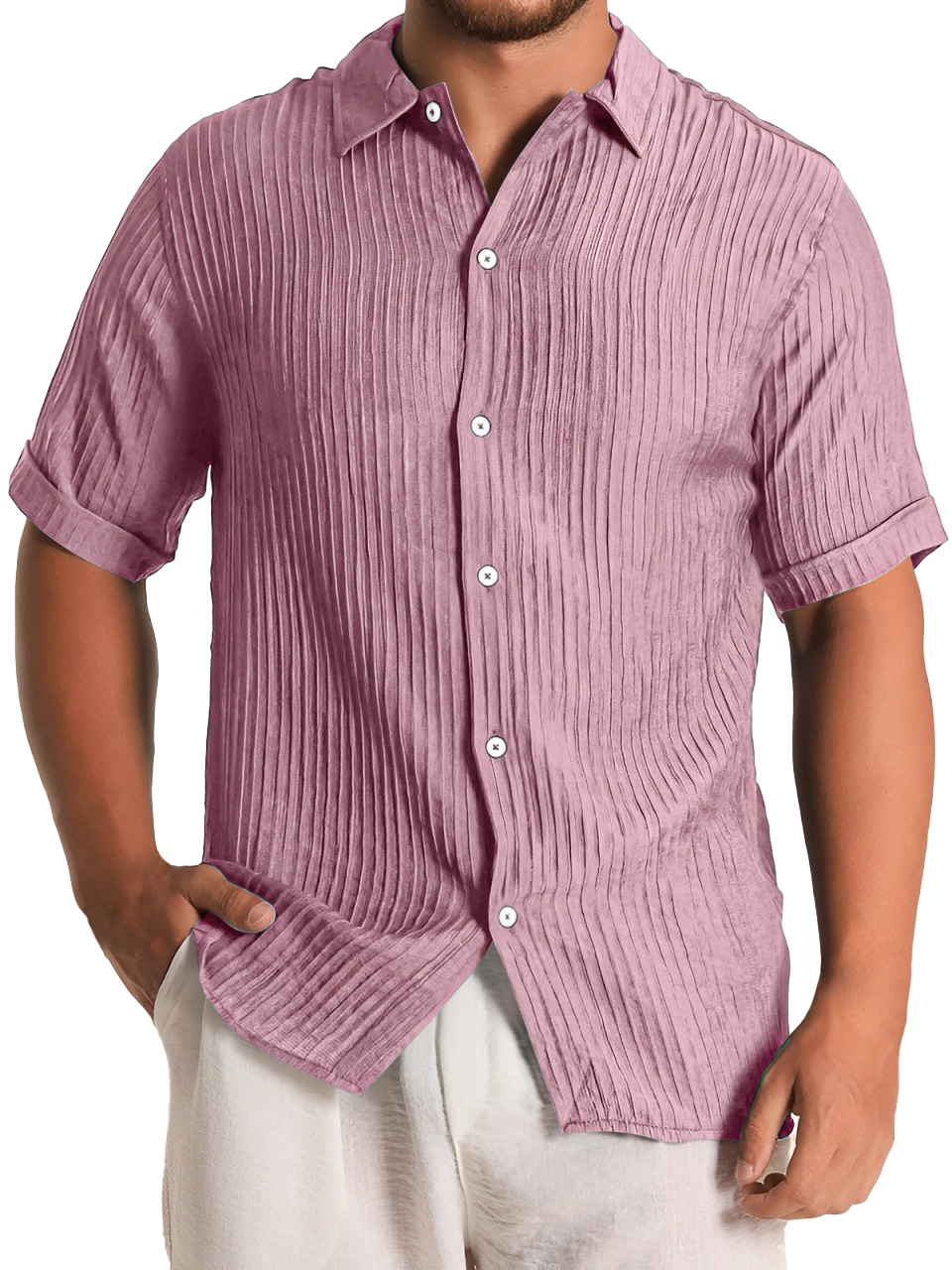 Men's Fashion Daily Pleated Casual Solid Color Short Sleeve Shirt