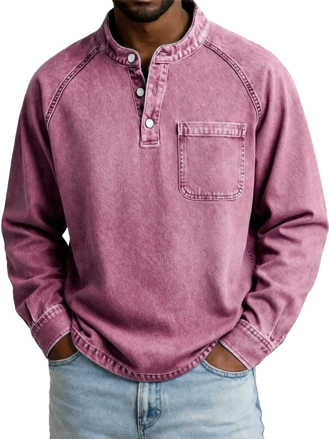 Men's Vintage Casual Raglan Sleeve Pocket Long-sleeved Henley Shirt