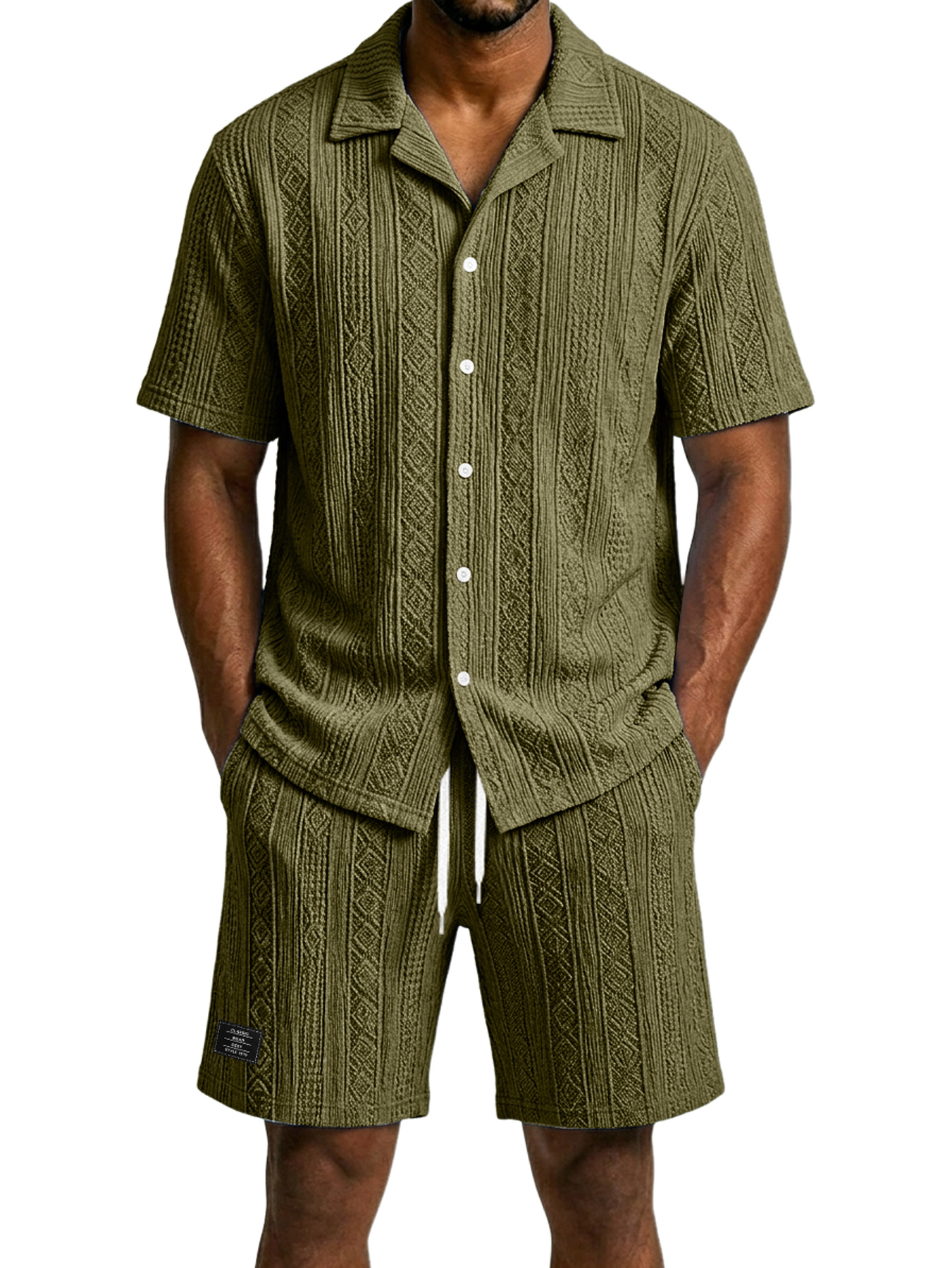 Men's Casual Jacquard Textured Solid Color Shirt and Shorts Two-Piece Set