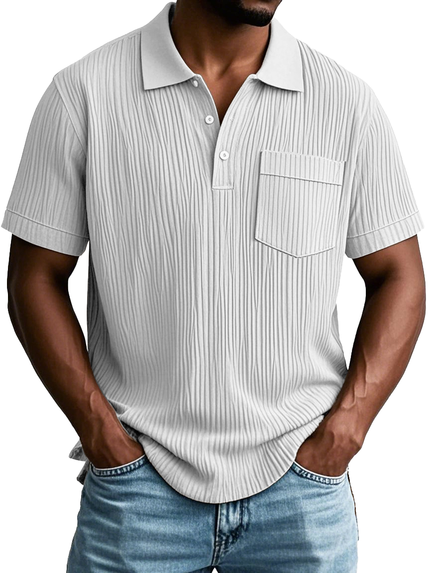 Men's Fashion Casual Striped Fabric Pocket Short Sleeve Lapel Polo Shirt
