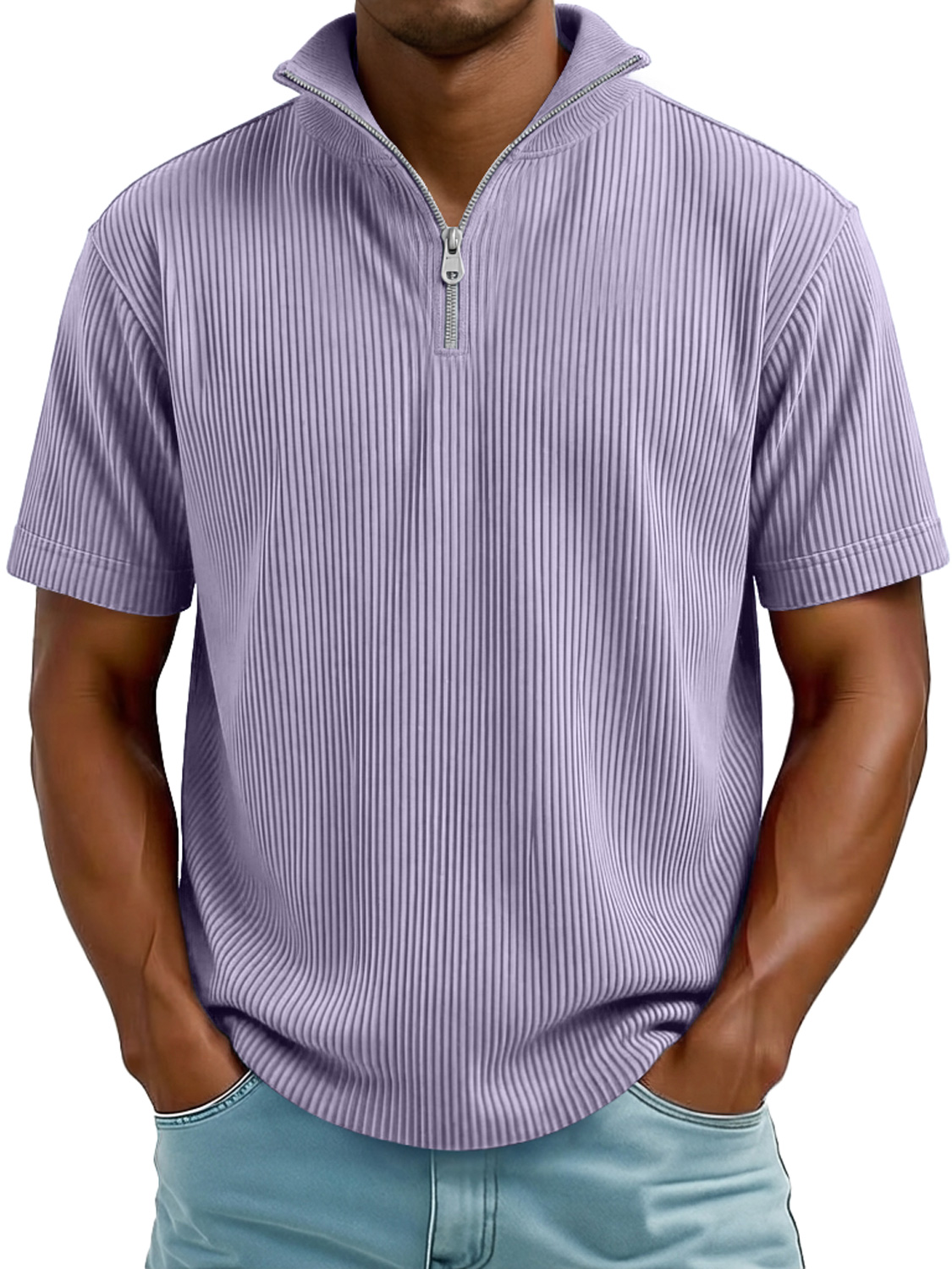 Men's Everyday Ribbed Stand-collar Zip-up Casual Short-sleeved T-shirt
