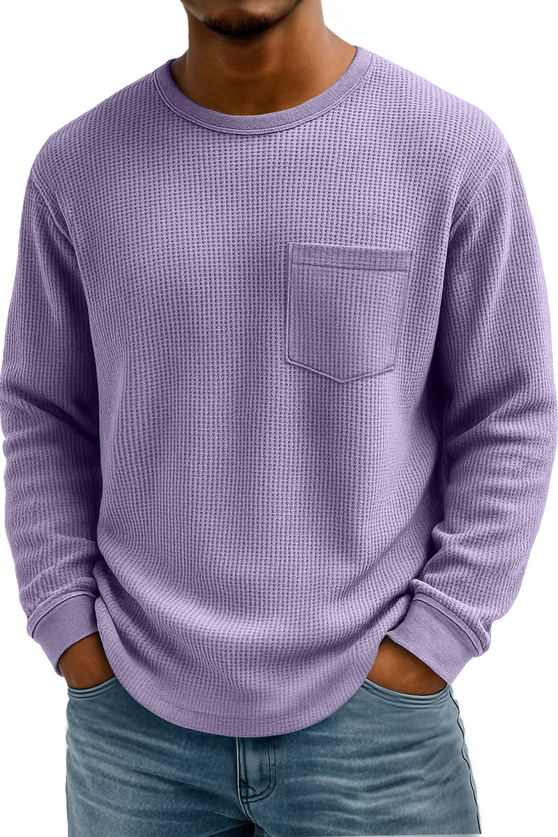 Men's Waffle Casual Crew Neck Pocket Long Sleeve T-Shirt