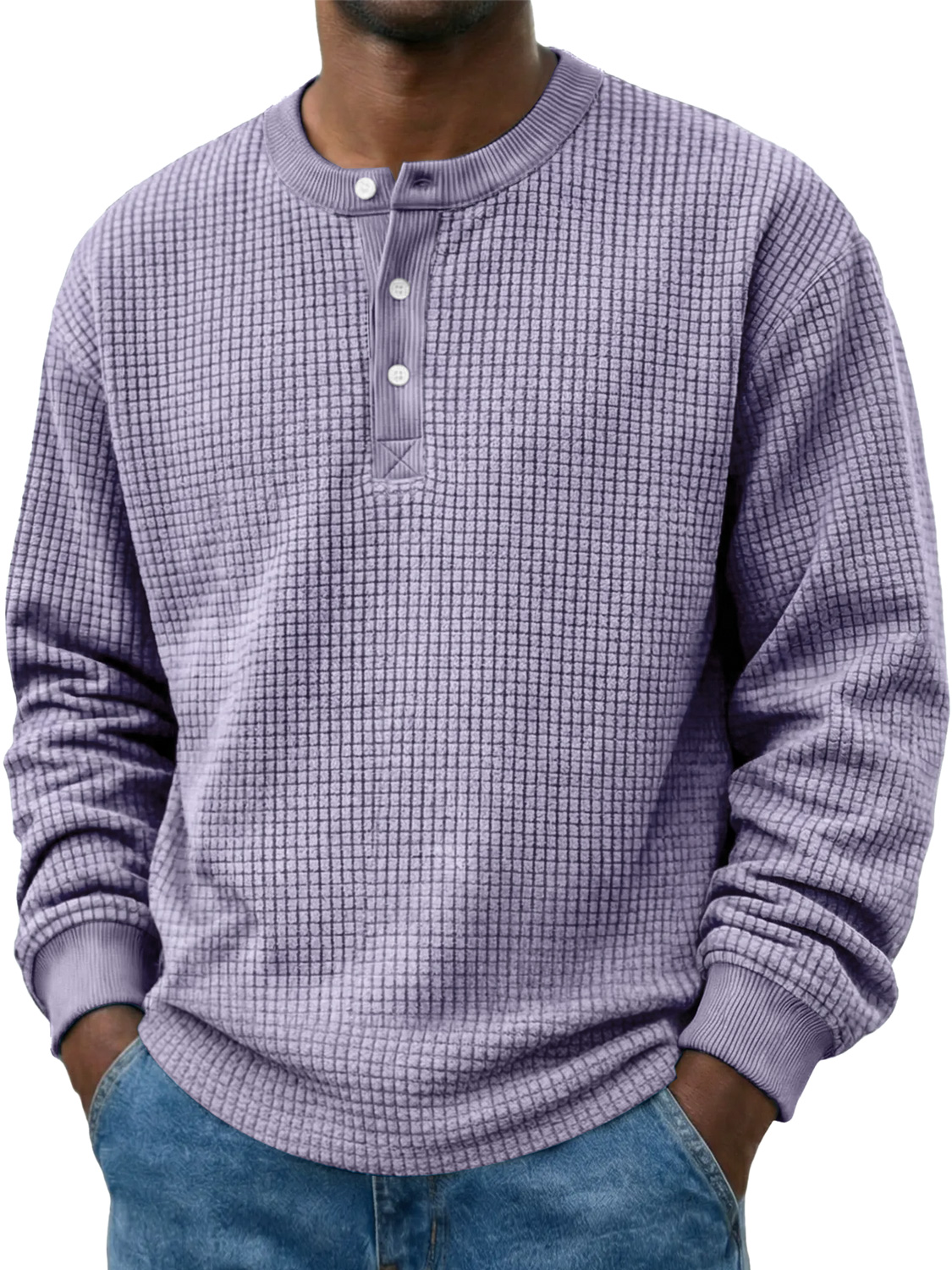 Men's Casual Corduroy Waffle-knit Solid Color Long-sleeved Henley Shirt