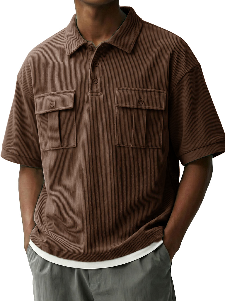 Men's Fashionable Retro Workwear Pocket Short-sleeved Polo Shirt with Lapel