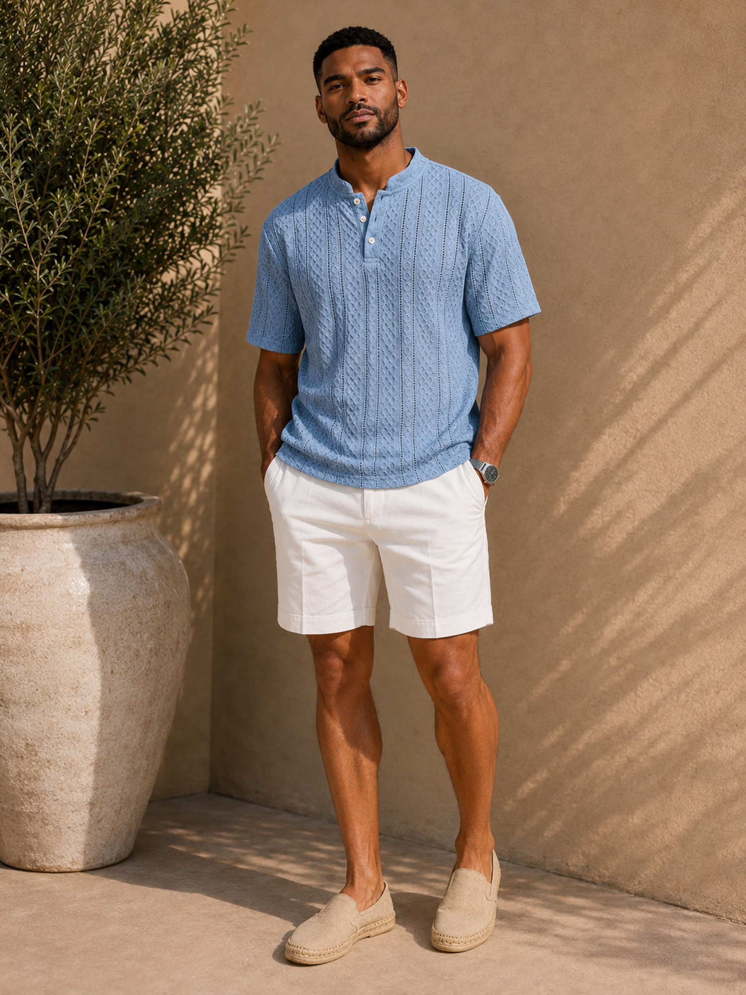 Men's Short-Sleeve Henley Shirt with Stand Collar, Button Placket, and Textured Jacquard Finish