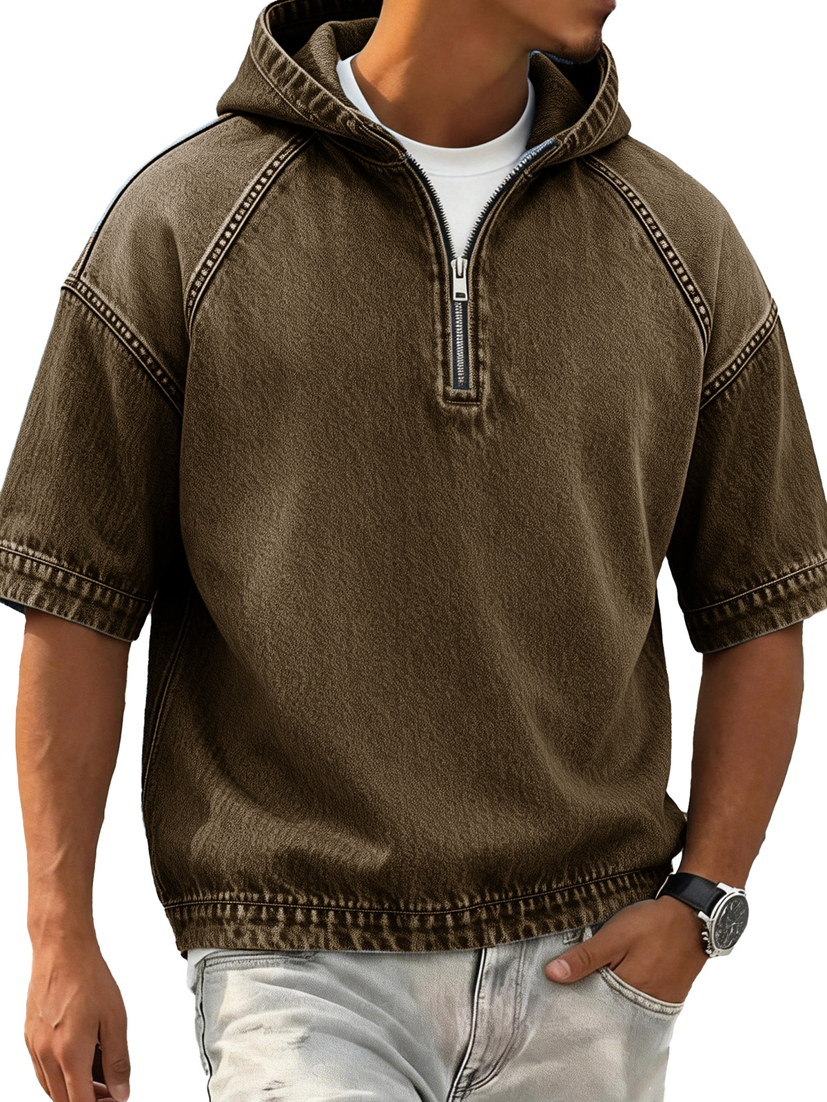 Men's Retro Distressed Raglan Short-Sleeve Sporty Hoodie