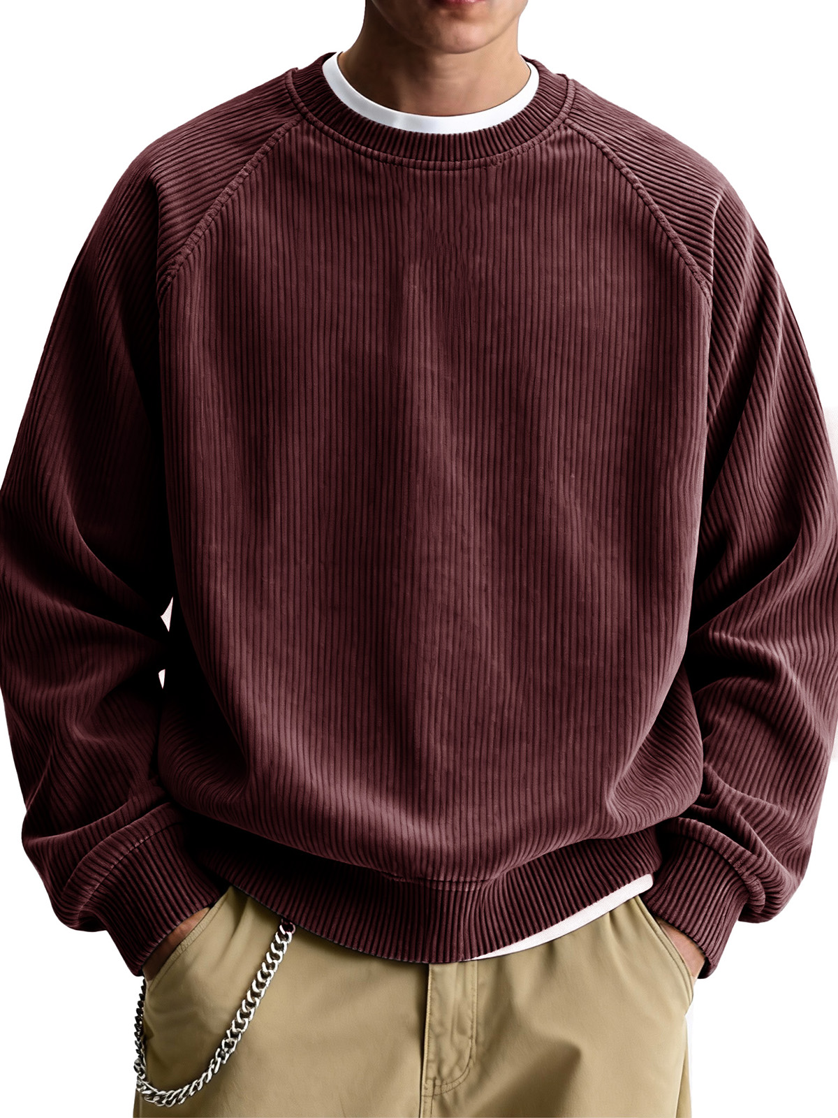 Men's Fashionable Casual Ribbed Fabric Raglan Neck Long-Sleeved Top