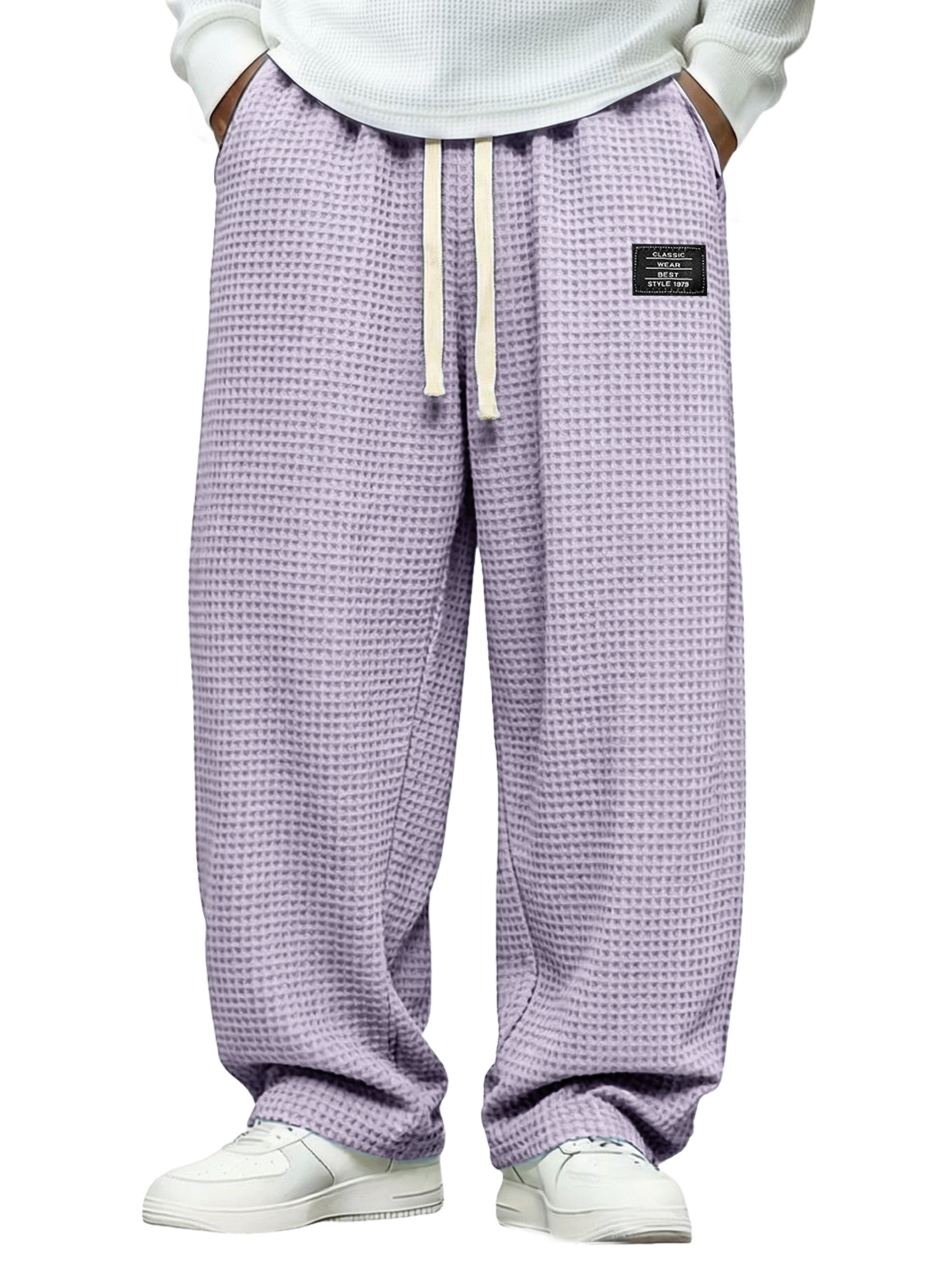 Men's Simple Waffle-knit Casual Loose-fitting Trousers With Embroidered Logo