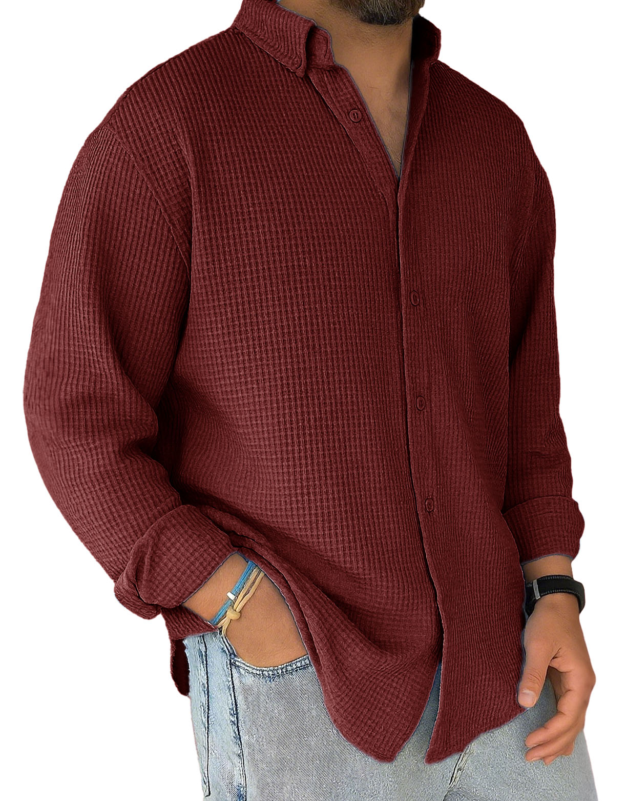 Men's Stylish Casual Everyday Waffle Long-sleeved Lapel Shirt