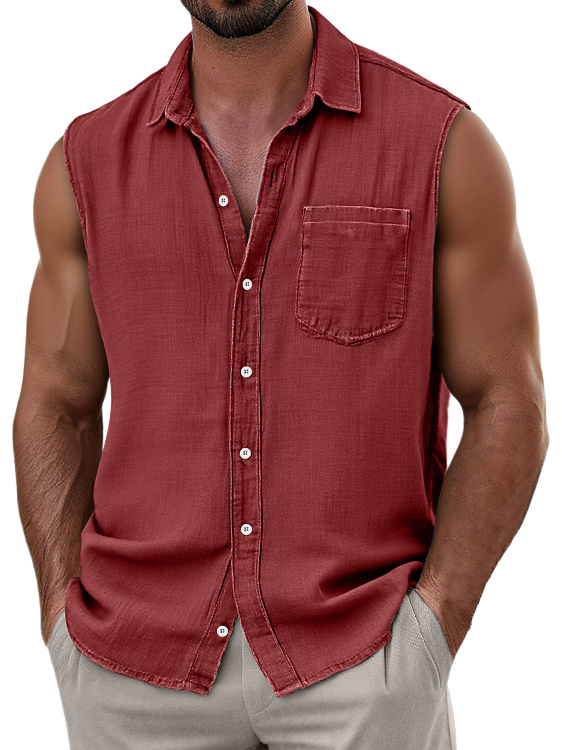 Men's Daily Faux Linen Casual Pocket Comfort Sleeveless Shirt