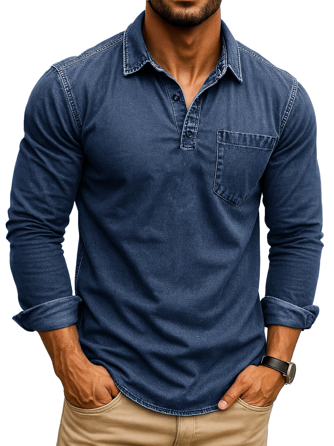 Men's Retro Fashion Distressed Lapel Pocket Long Sleeve Polo Shirt