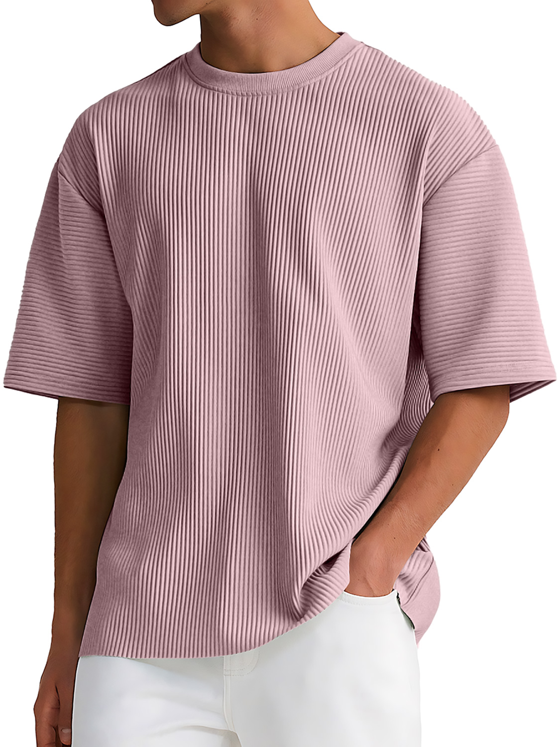 Men's Daily Round Neck Ribbed Texture Casual Solid Color Short-sleeved T-shirt