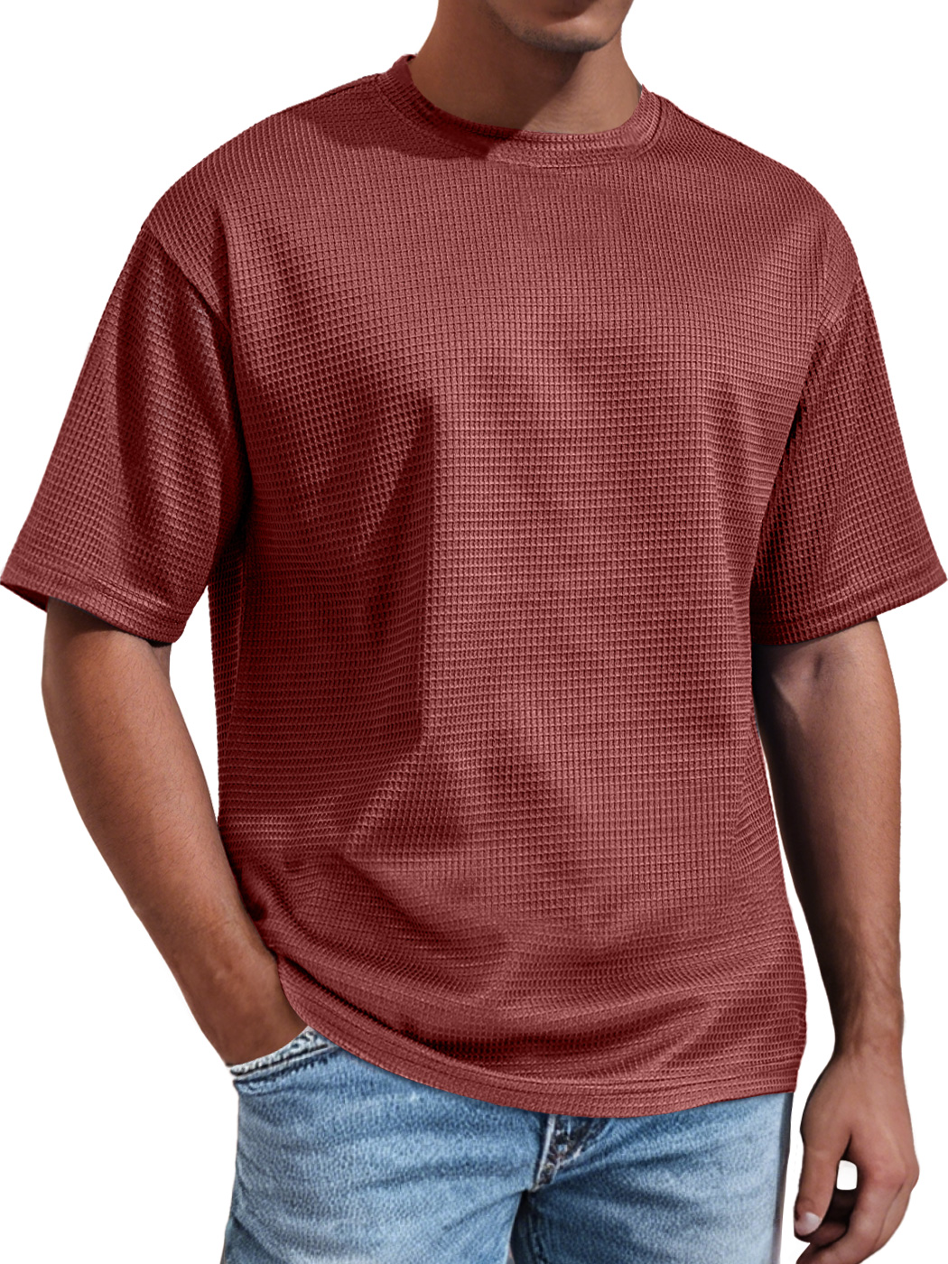 Men's Daily Round Neck Waffle Casual Solid Color Comfortable Short Sleeve T-shirt