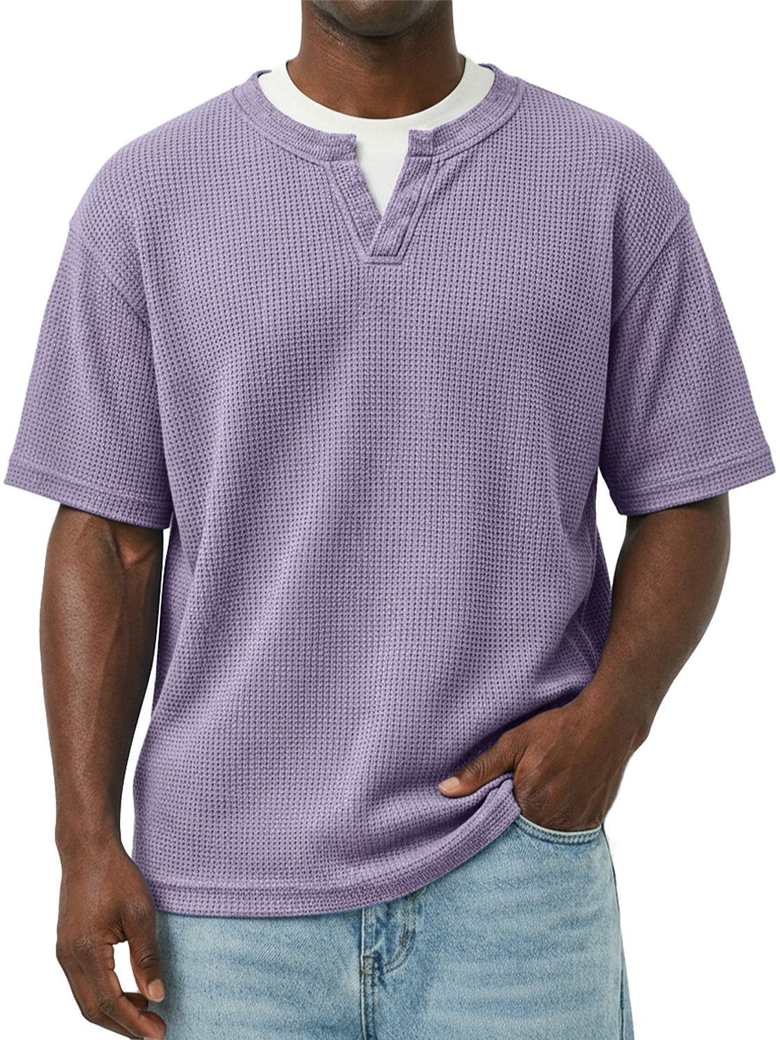 Men's Waffle-knit Double-layered Collar Faux Two-piece Casual Long-sleeved T-shirt