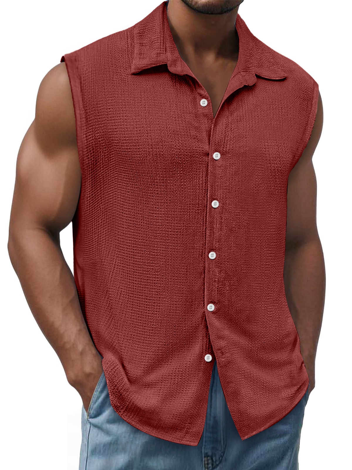 Men's Daily Texture Casual Lapel Solid Color Sleeveless Shirt