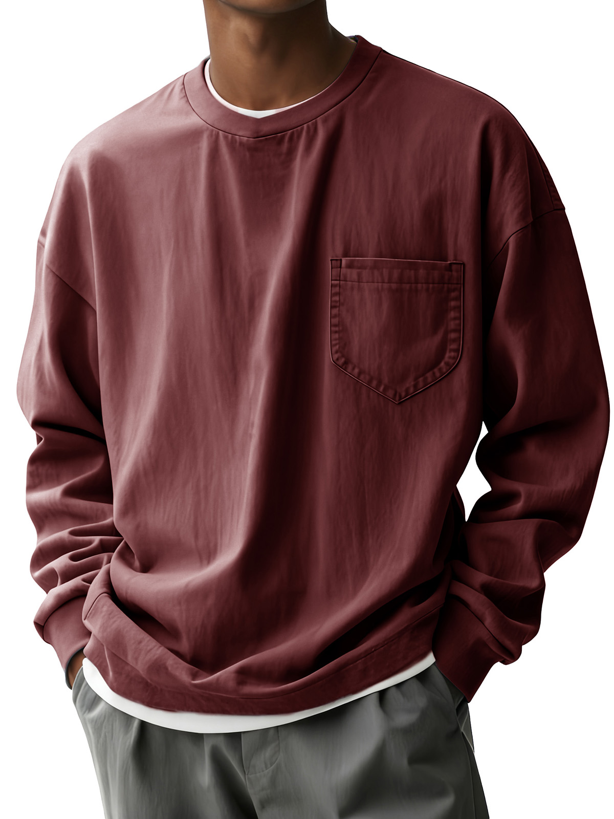 Men's Fashion Casual Pleated Fabric Round-neck Pocket Long-sleeve Top