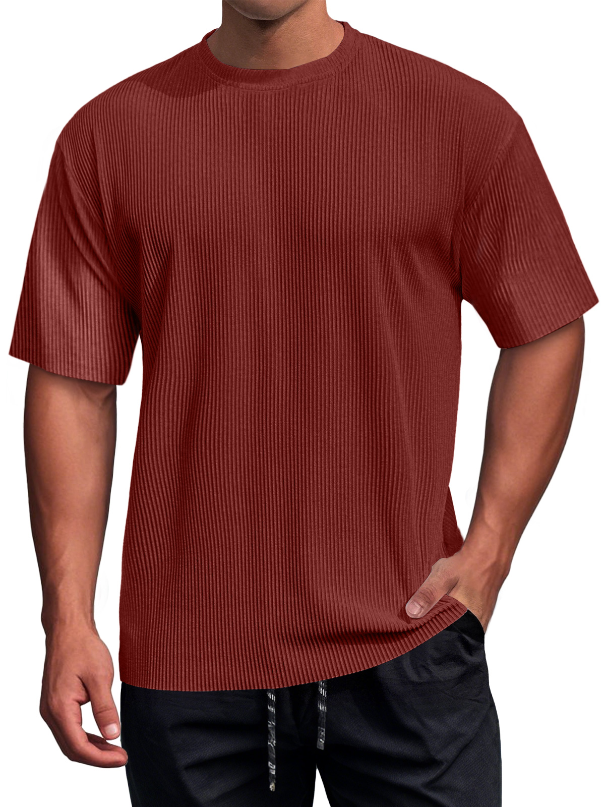 Men's Daily Round Neck Ribbed Texture Casual Short-sleeved T-shirt