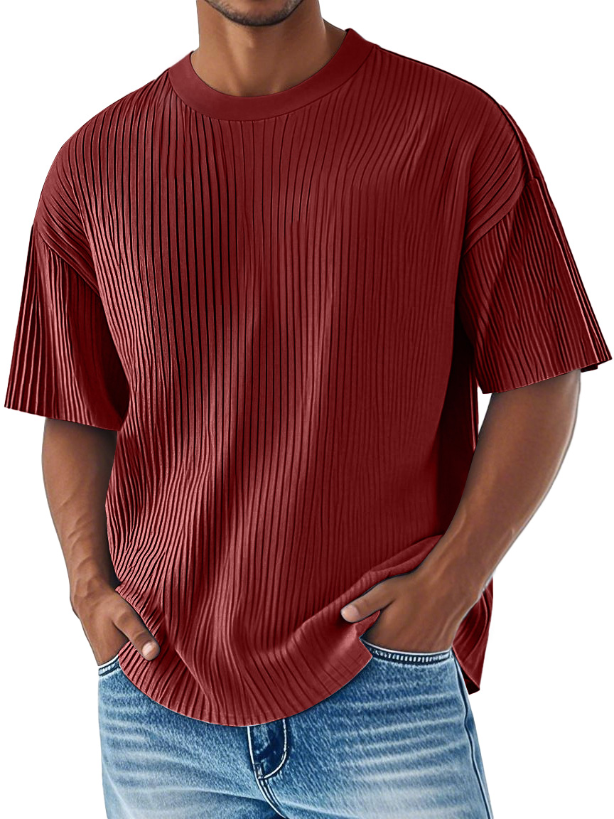 Men's Daily Ribbed Round Neck Casual Solid Color Comfortable Short-sleeved T-shirt