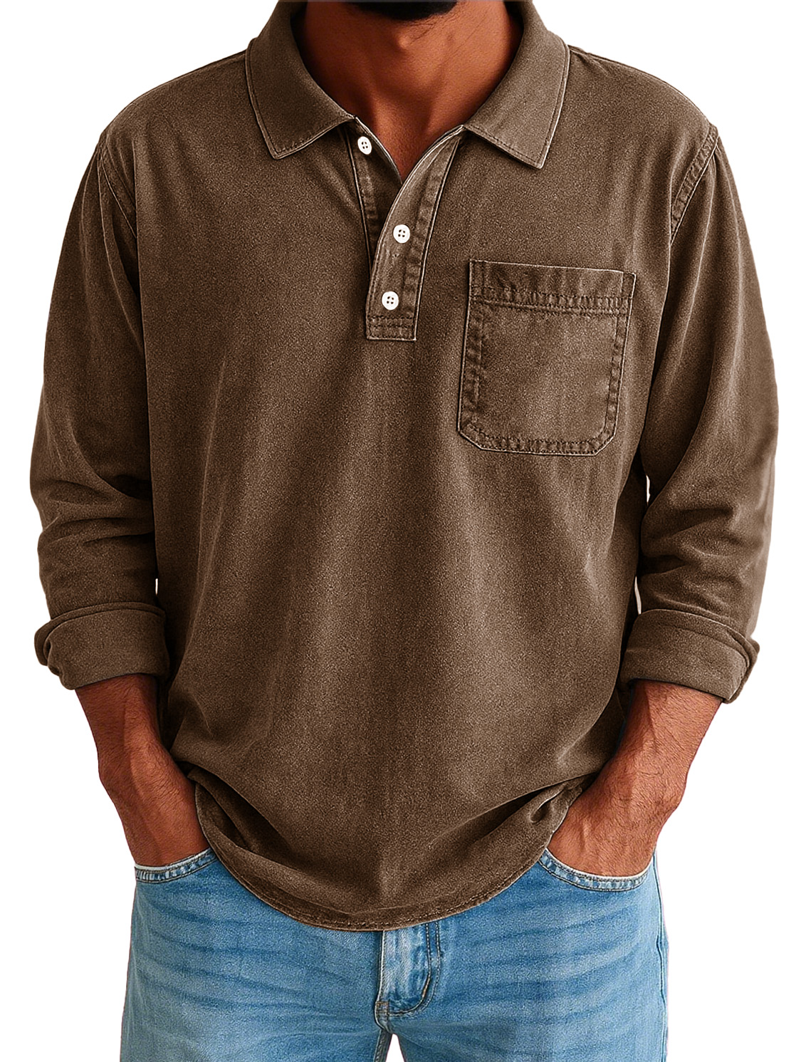 Men's Stylish Vintage Washed And Distressed Lapel Long-sleeved Polo Shirt With Pockets