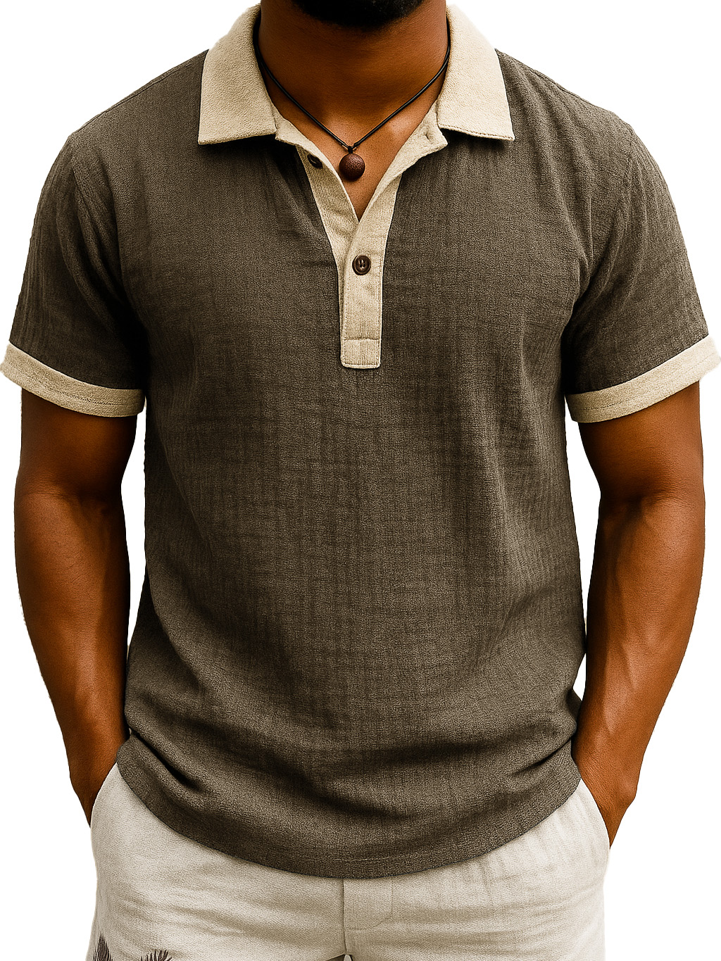 Men's Fashion Retro Hemp Fabric Patchwork Contrast Color Short-sleeved Polo Shirt