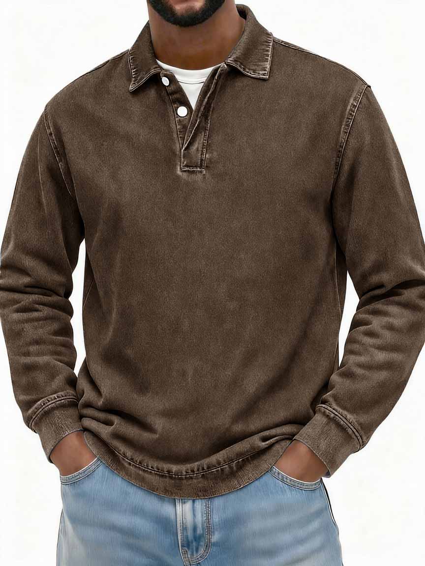 Men's Stylish Vintage Washed And Distressed Fabric Long-sleeved Polo Shirt With A Double-layer Placket And A Design Lapel