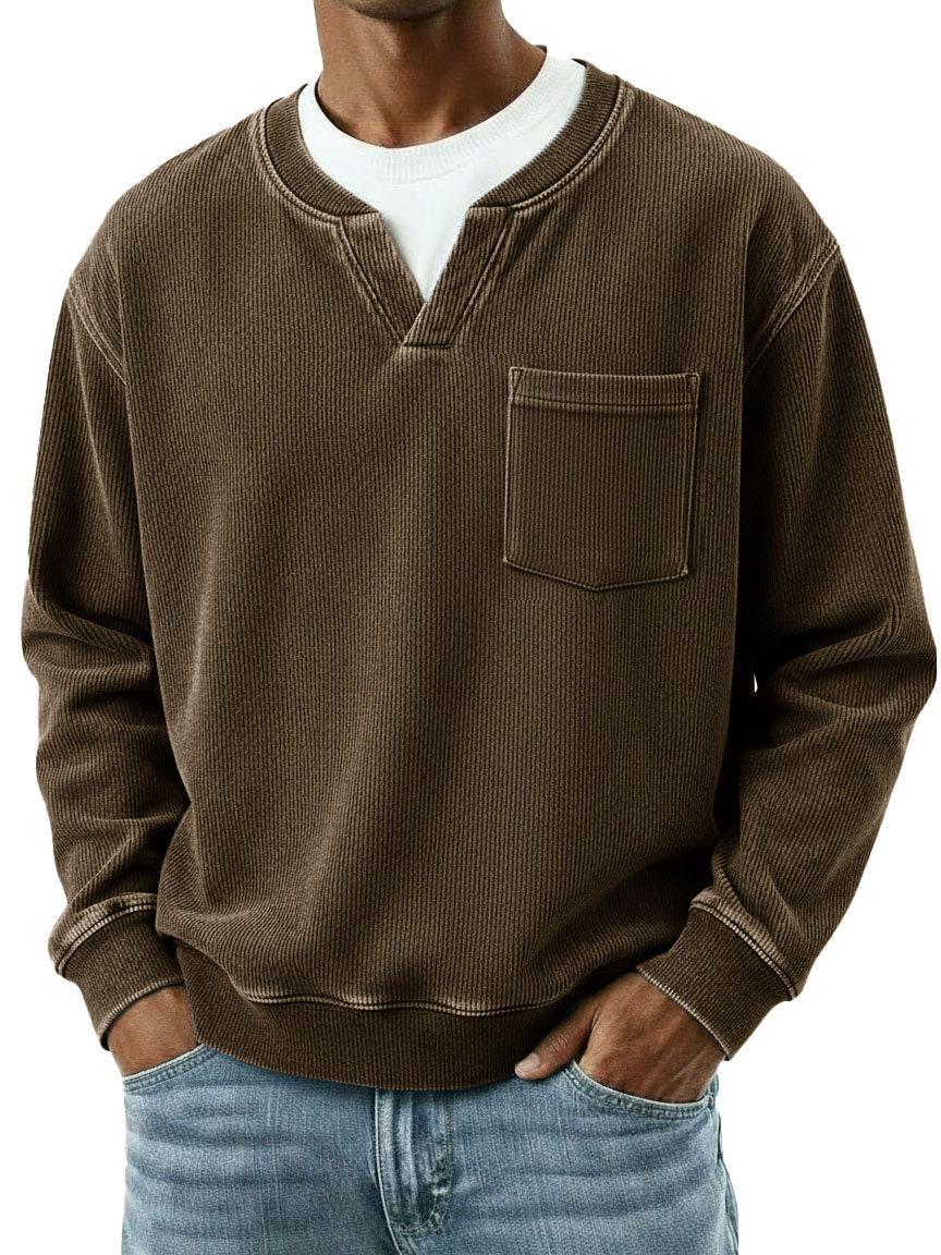 Men's Fashionable Casual Ribbed Fabric Faux Two-Piece Pocket Long-Sleeve T-Shirt