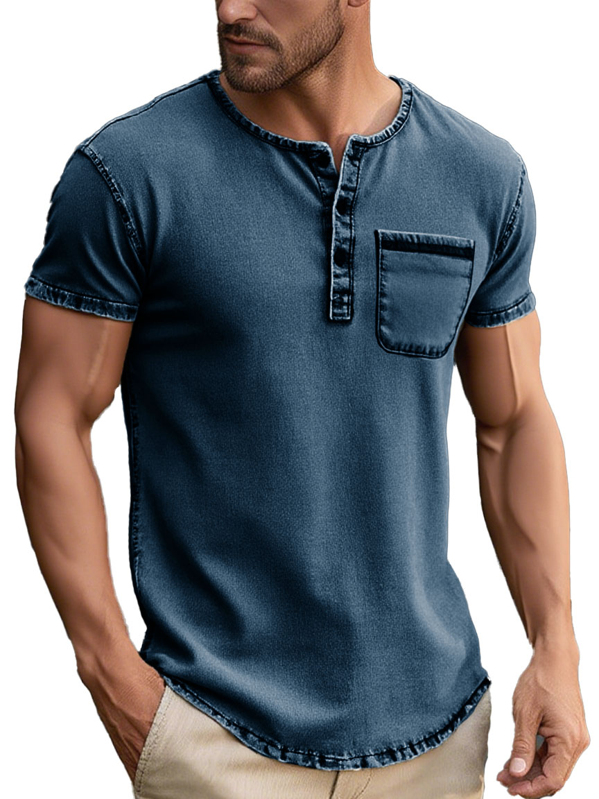 Men's Fashion Daily Distressed Fabric Pocket Short-sleeved Henley Shirt