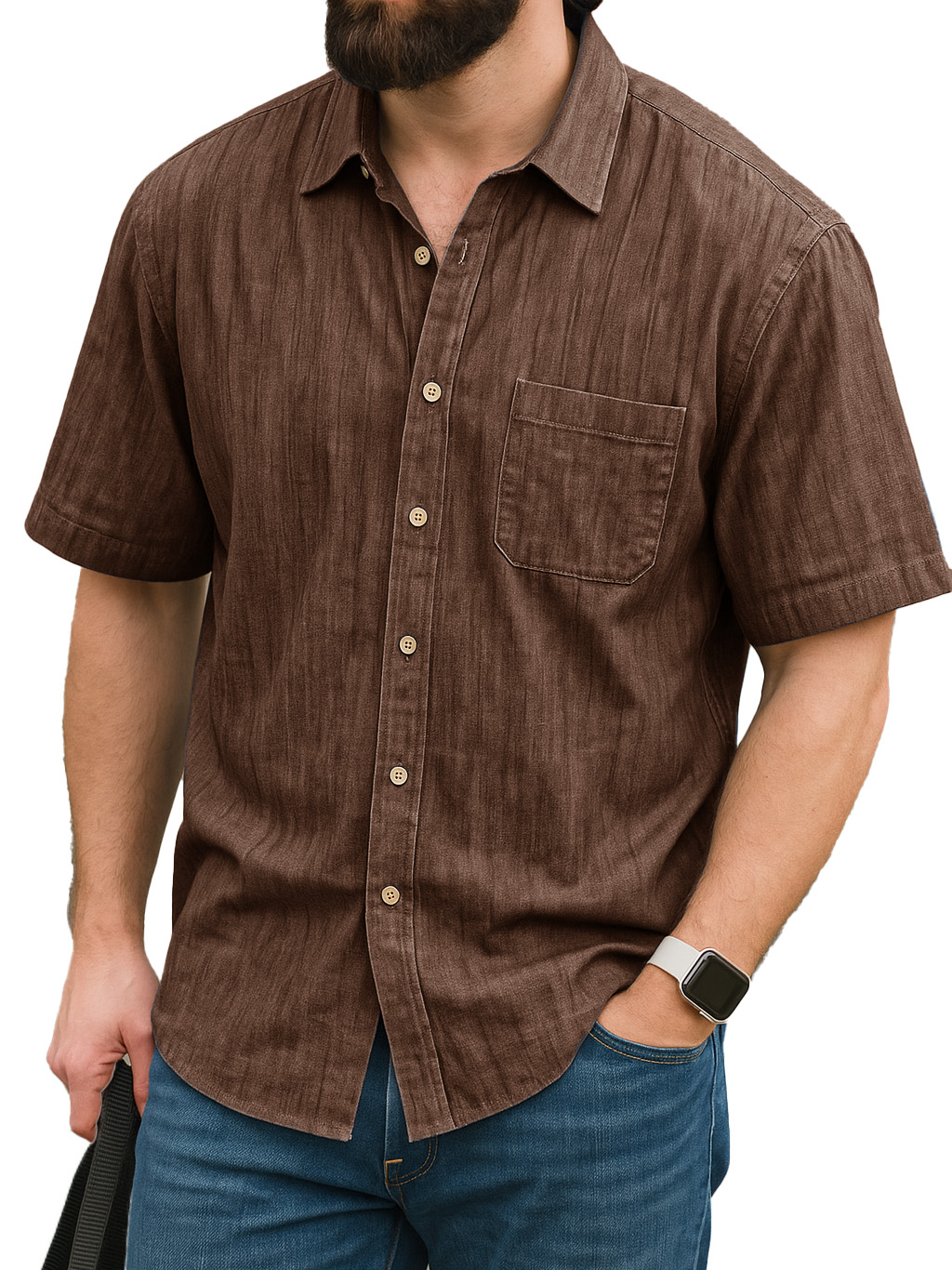 Men's Fashion Daily Linen Fabric Pocket Short-sleeved Lapel Shirt
