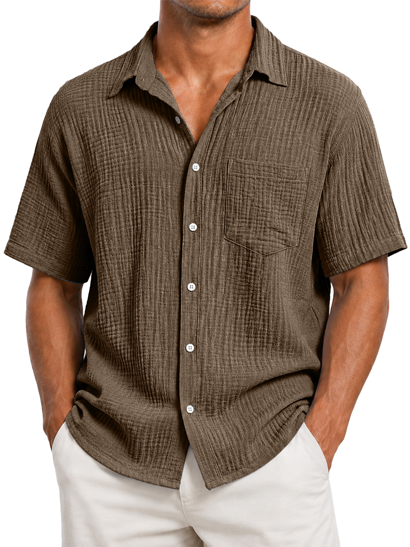 Men's Casual Solid-Color Short-Sleeve Shirt with Textured Pleats and Pocket