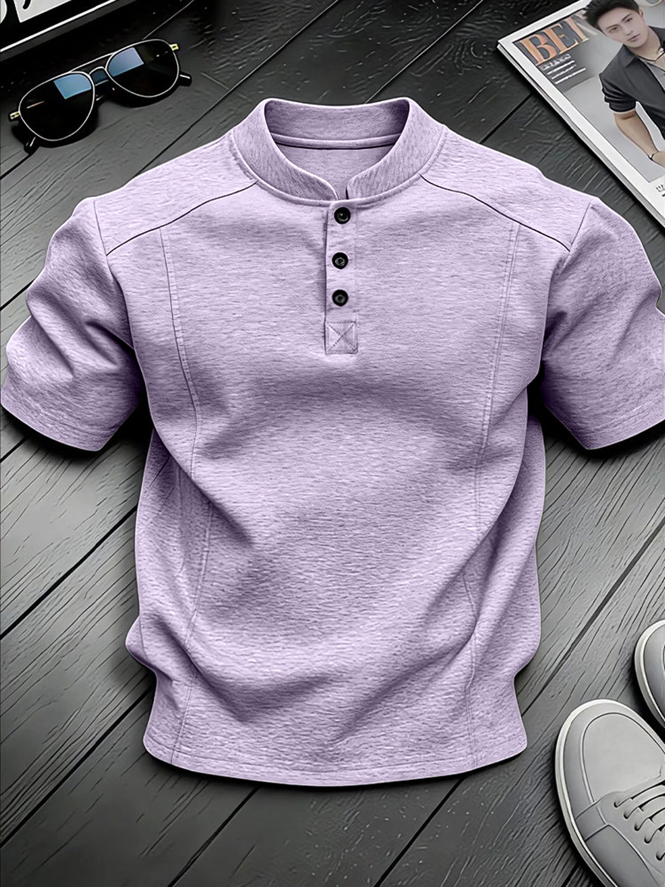 Men's Stand-up Collar Button-down Design Casual Short-sleeved Henley Shirt