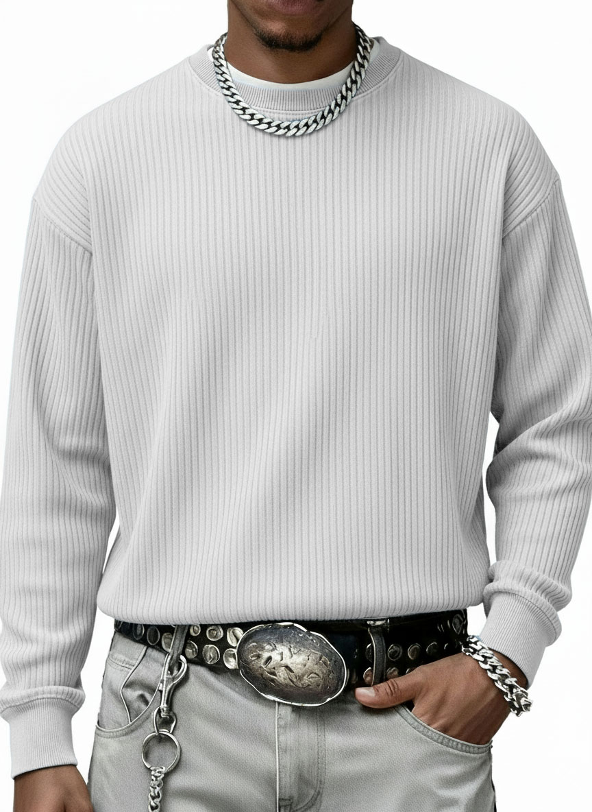 Men's Stylish Casual Vintage Crewneck Ribbed Fabric Long-sleeved Base T-shirt