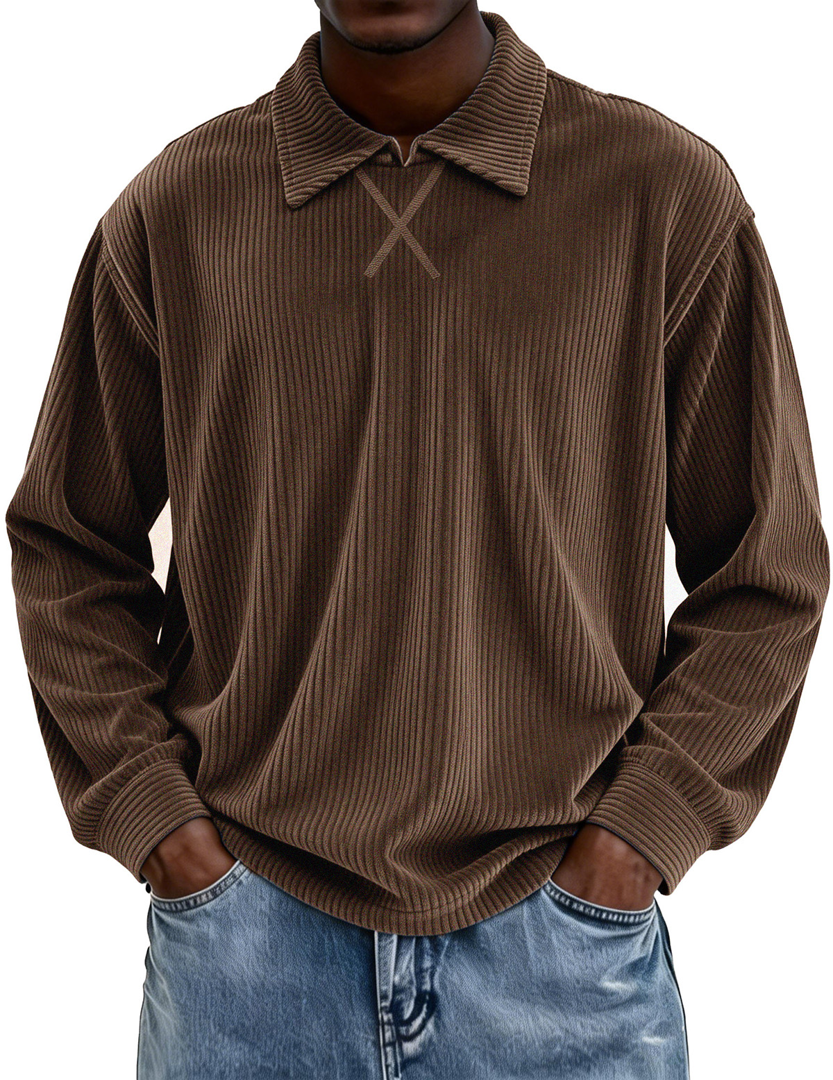 Retro-style Long-sleeved Collared Polo Shirt
