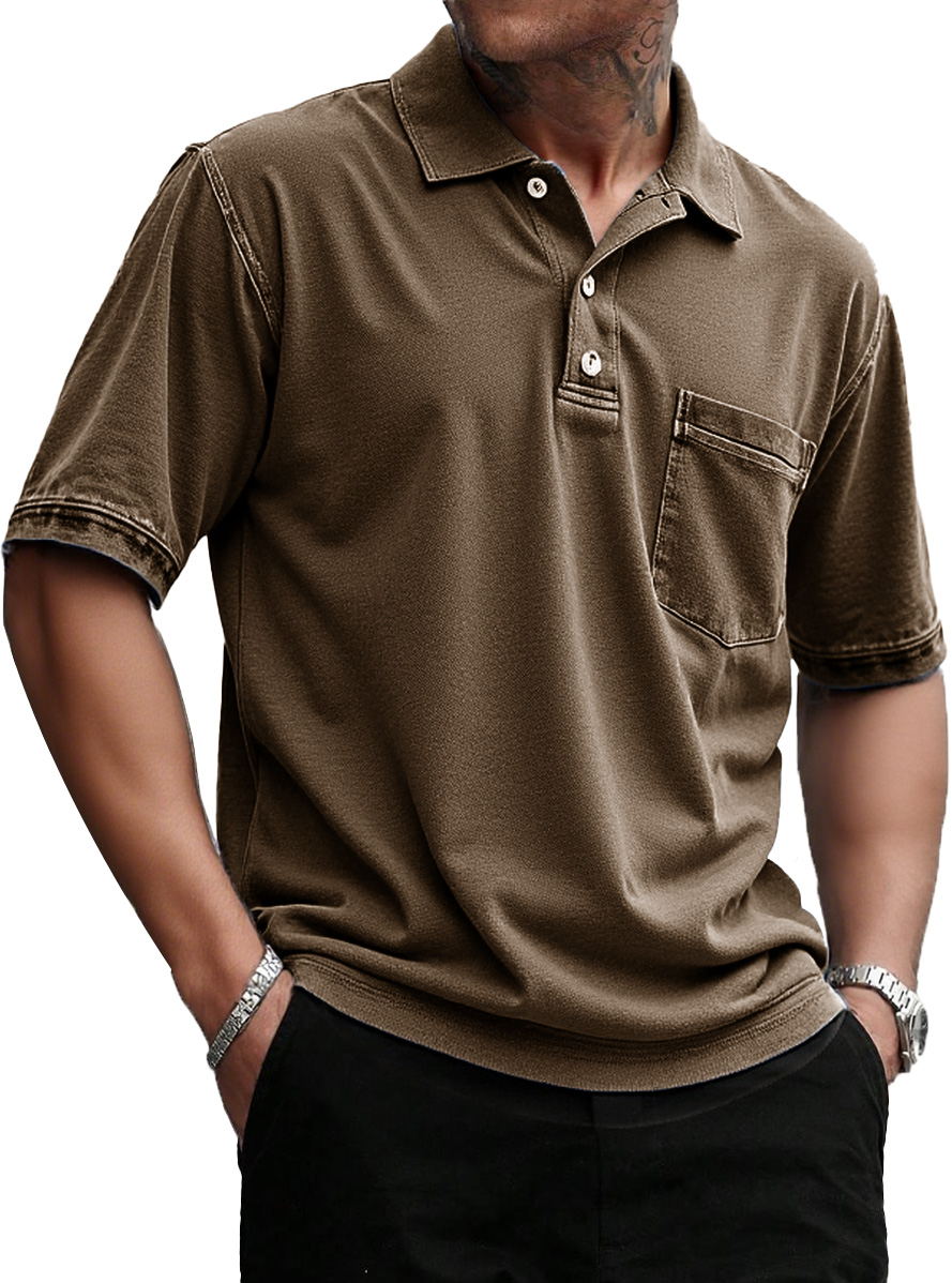 Men's Stylish Retro Pure Cotton Distressed Fabric Pocket Lapel Polo Shirt