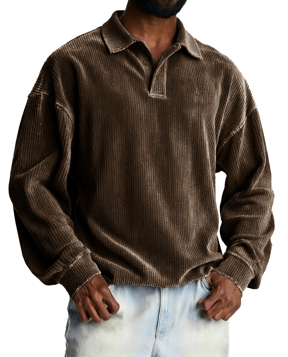 Men's Fashionable Retro Striped Fabric Loose-Fit Collar Polo Shirt