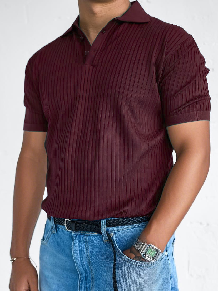 Men's Fashion Casual Retro Ribbed Fabric Short-sleeved Lapel Polo Shirt