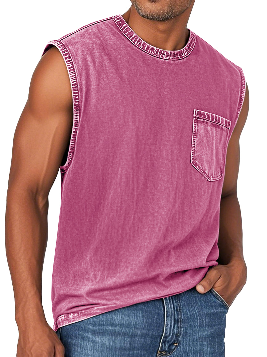 Men's Fashion Retro Washed Round Neck Pocket Sleeveless T-shirt