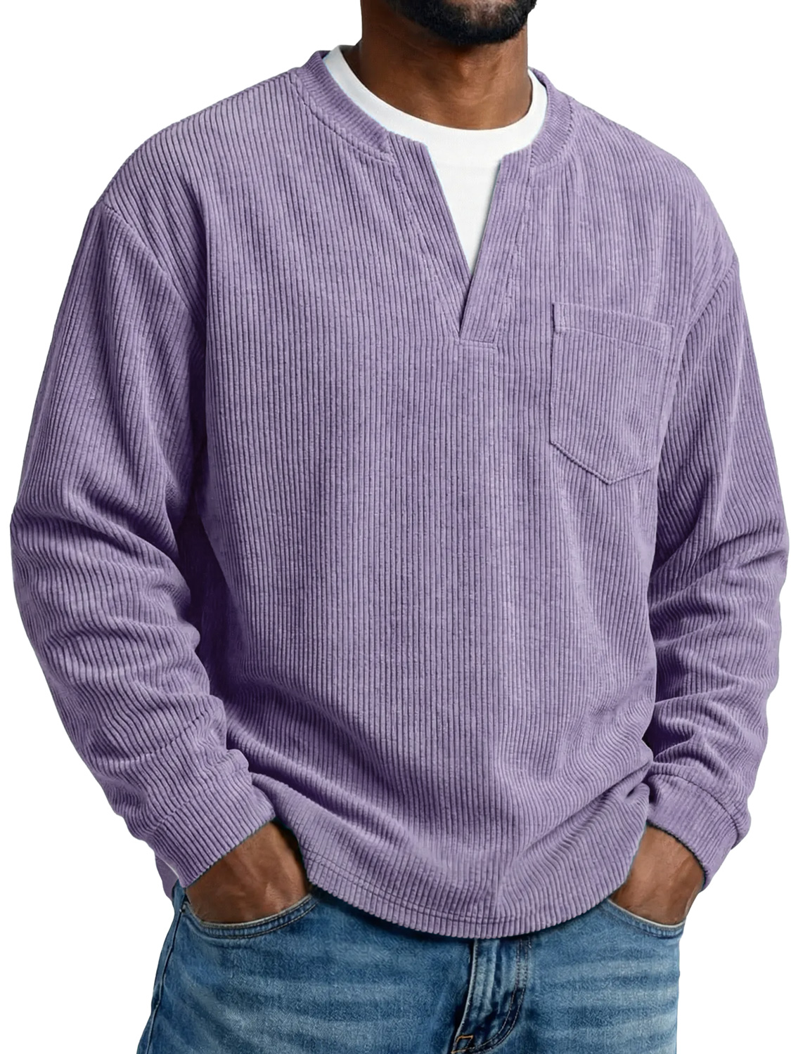 Men's Everyday Corduroy Faux Two-piece Casual Pocket Long-sleeved T-shirt