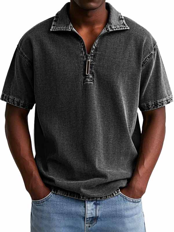 Men's Retro Distressed Zip Short Sleeve Polo Shirt