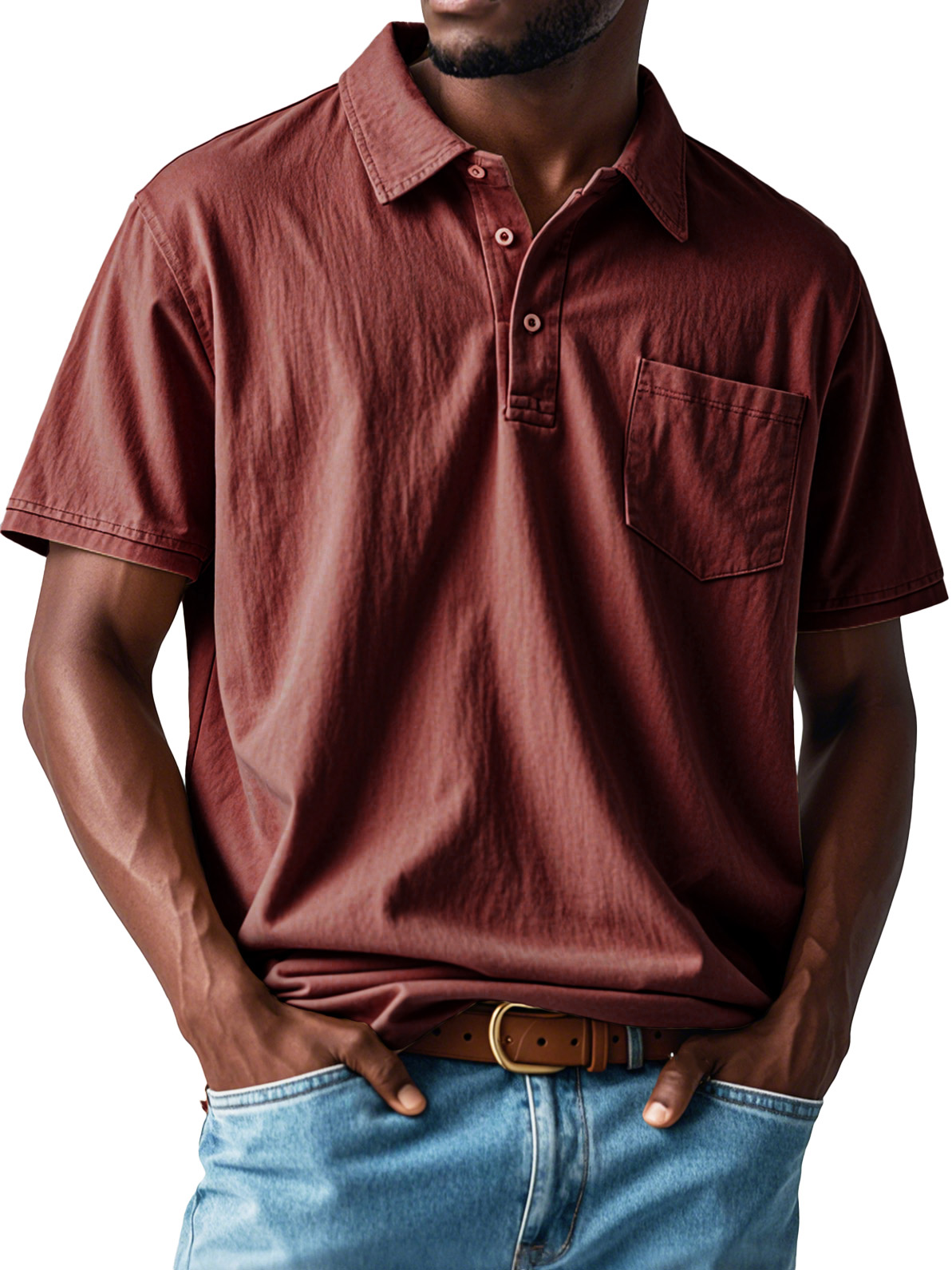 Men's Retro Distressed Pocket Short Sleeve Lapel Polo Shirt