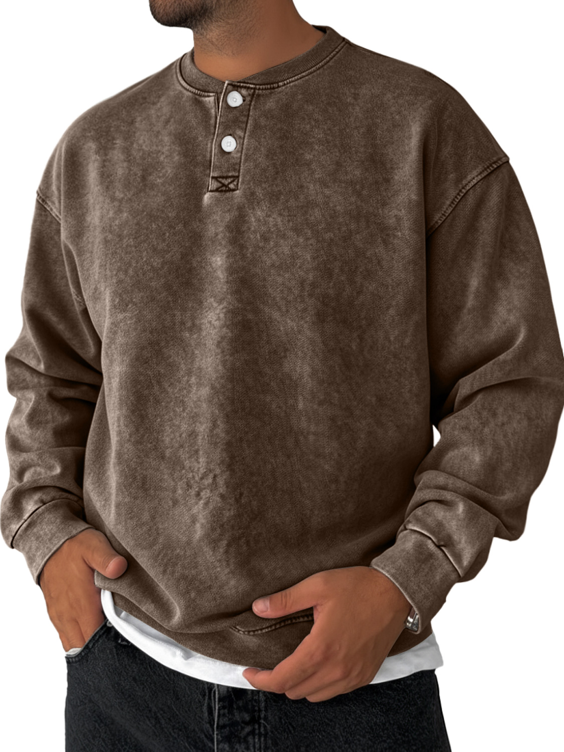Men's Retro Solid Color Casual Loose Henley Sweatshirt