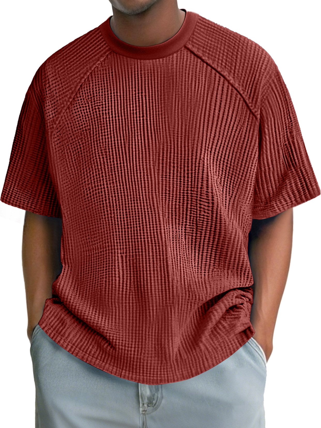 Men's Fashion Waffle Raglan Round Neck Comfortable Short Sleeve T-Shirt