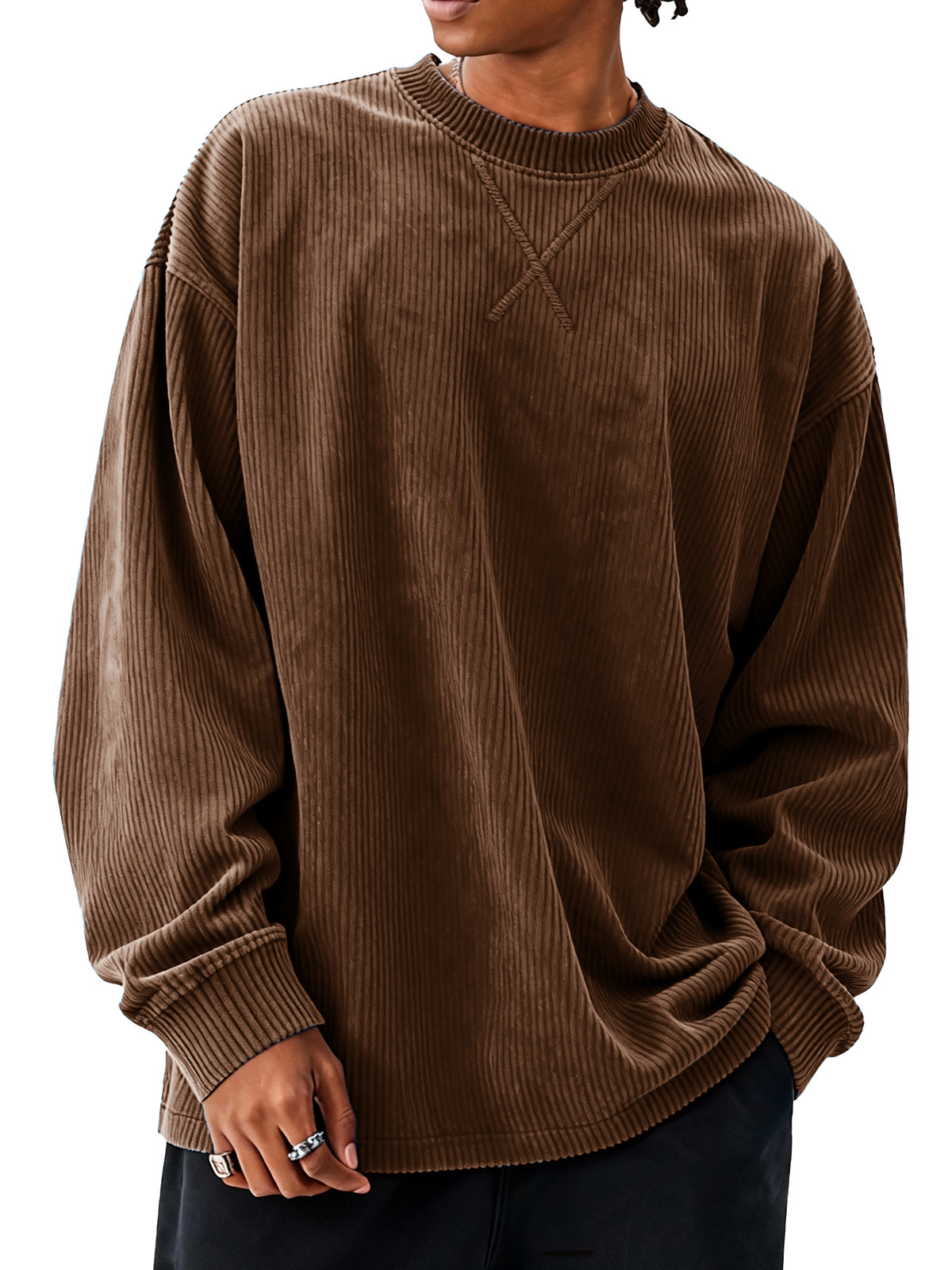Men's fashionable casual loose round collar corduroy fabric long-sleeved T-shirt