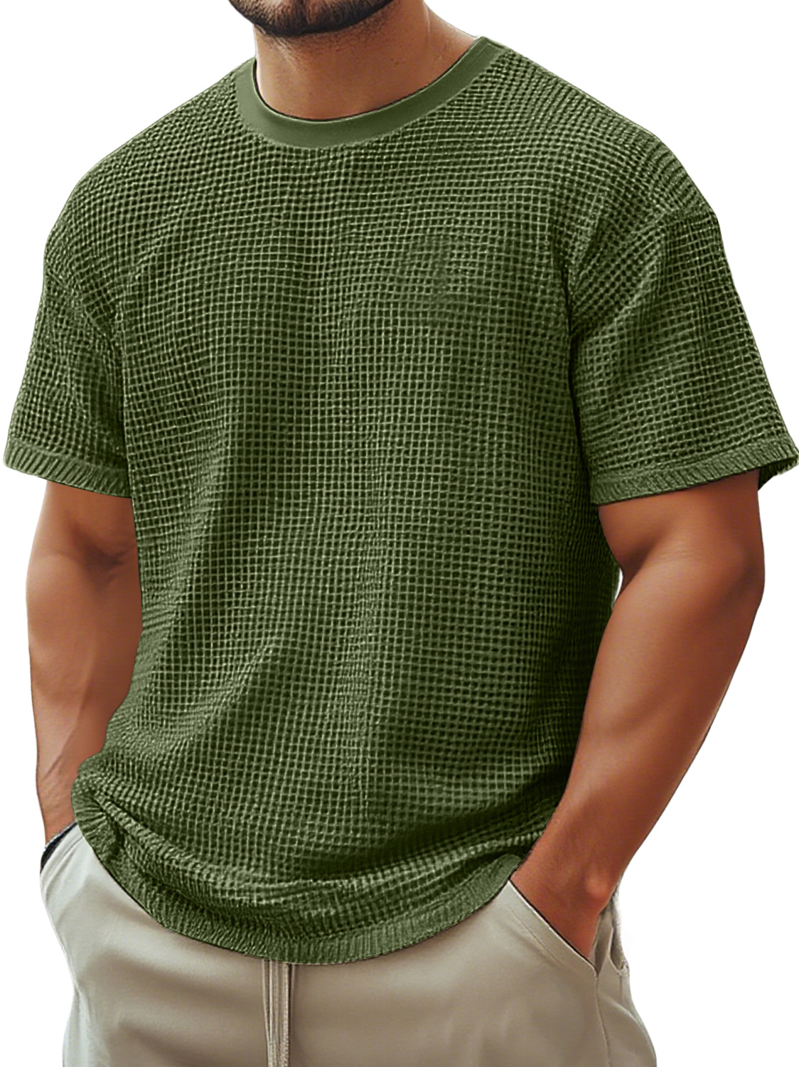 Men's Retro Crew Neck Waffle Casual Short Sleeve T-Shirt