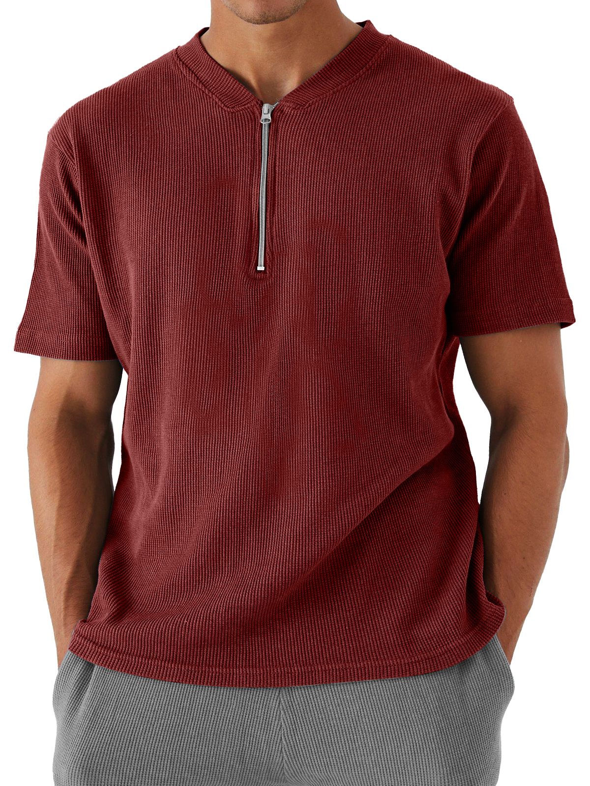 Men's Waffle Zipper Casual Solid Color Short Sleeve T-shirt