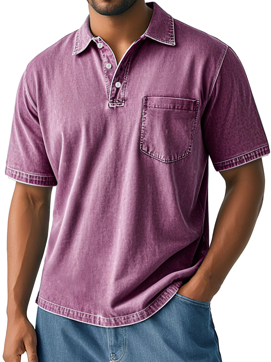 Men's Retro Washed Casual Lapel Pocket Comfortable Short Sleeve Polo Shirt