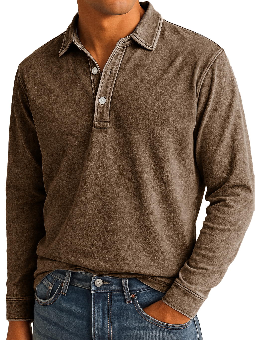 Men's Stylish Vintage Washed And Distressed Lapel Long-sleeved Polo Shirt