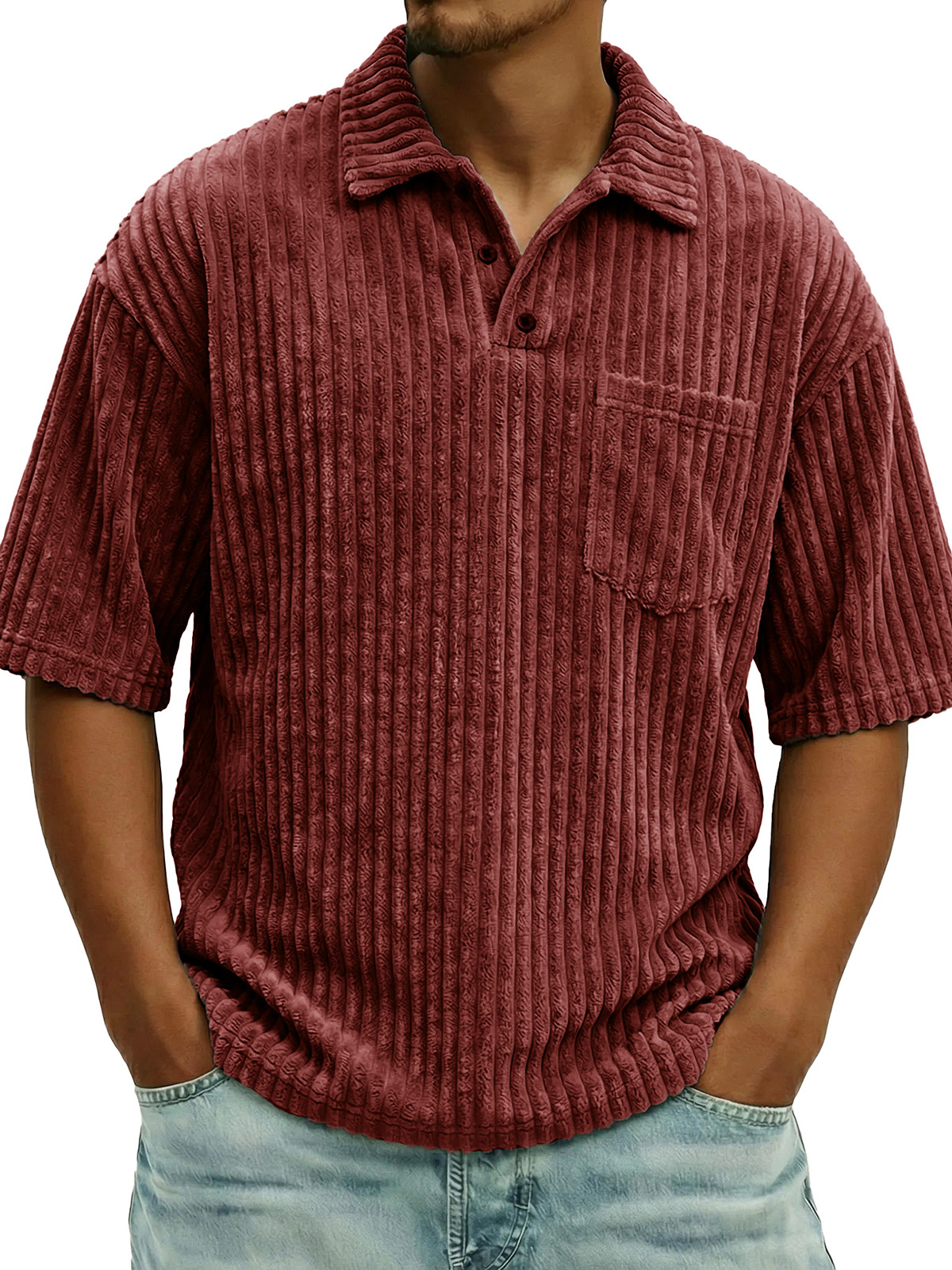 Men's Fashionable Ribbed Pocket Collar Short-Sleeve Polo Shirt